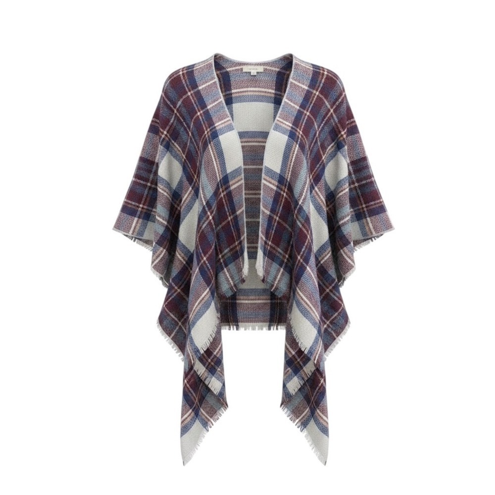 Francesca's Plaid Open Front Poncho Wrap Blue Burgundy Fringe boho  One Size OS